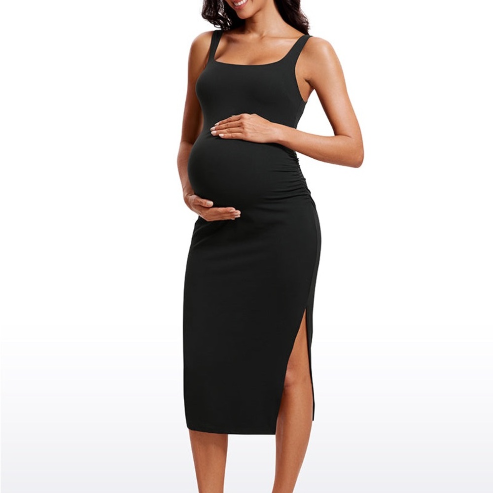 CRZ YOGA Black Maternity Midi Dress with Side Slit